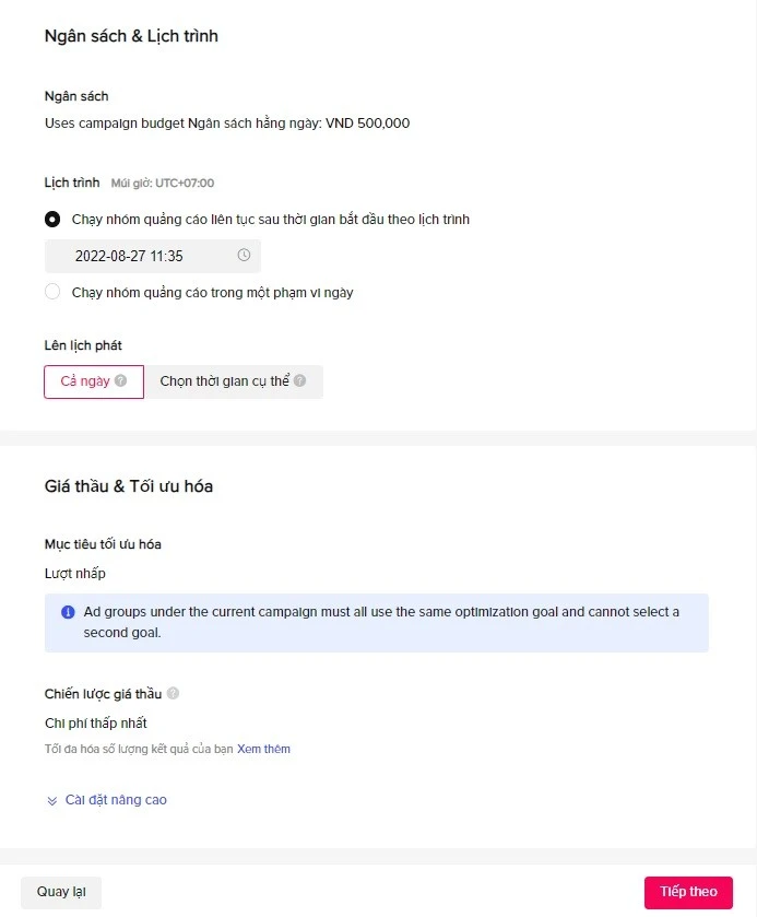 Bước 6: Đặt ngân sách và set lịch chạy quảng cáo TikTọk