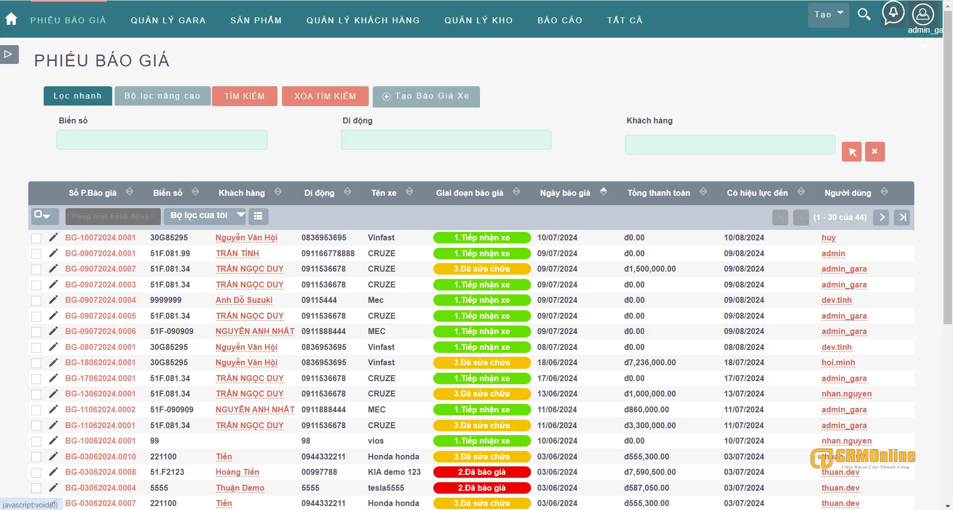 Giải pháp phần mềm quản lý gara ô tô CRMOnline.CarSoft