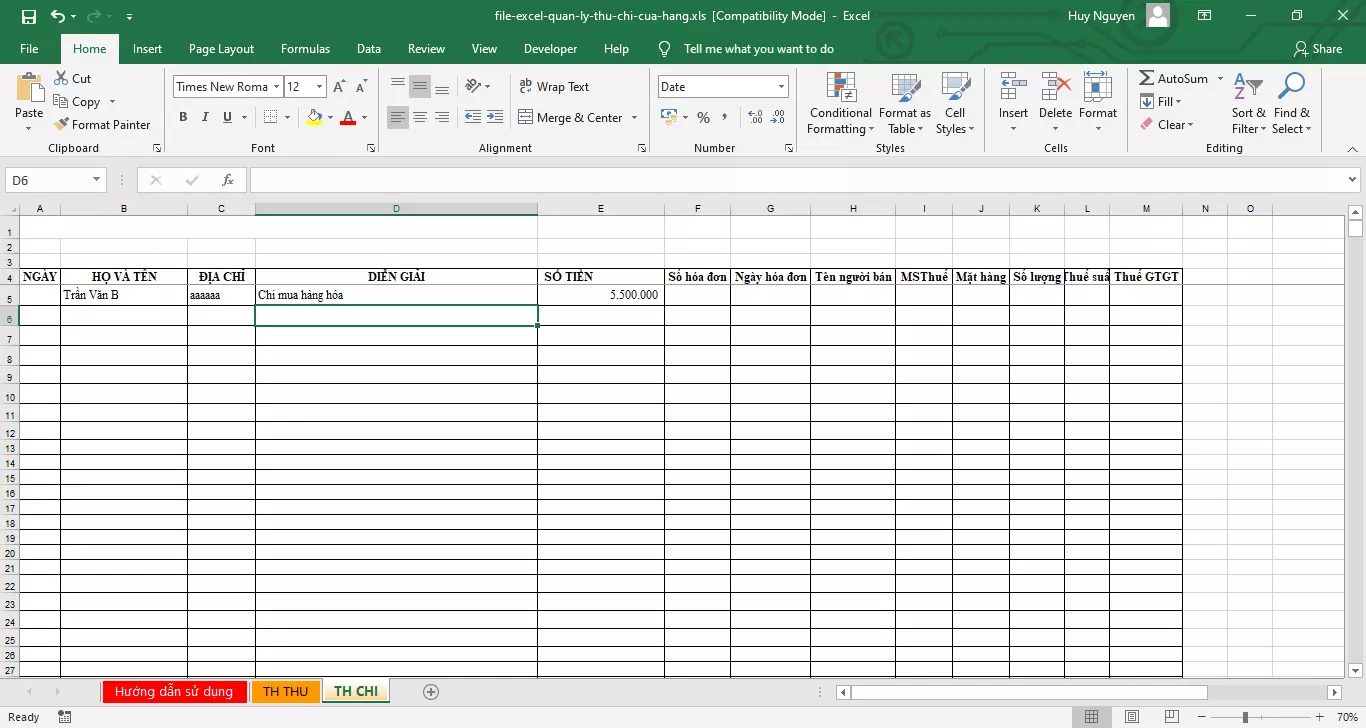 thiết lập file excel quản lý nguyên vật liệu nhà hàng