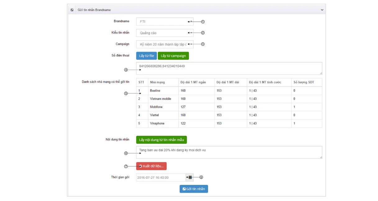 Giao diện phần mềm FPT SMS BRANDNAME