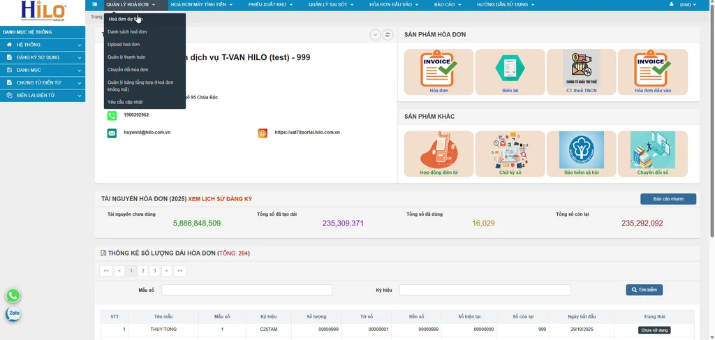 Giao diện phần mềm xuất hóa đơn điện tử Hilo Invoice