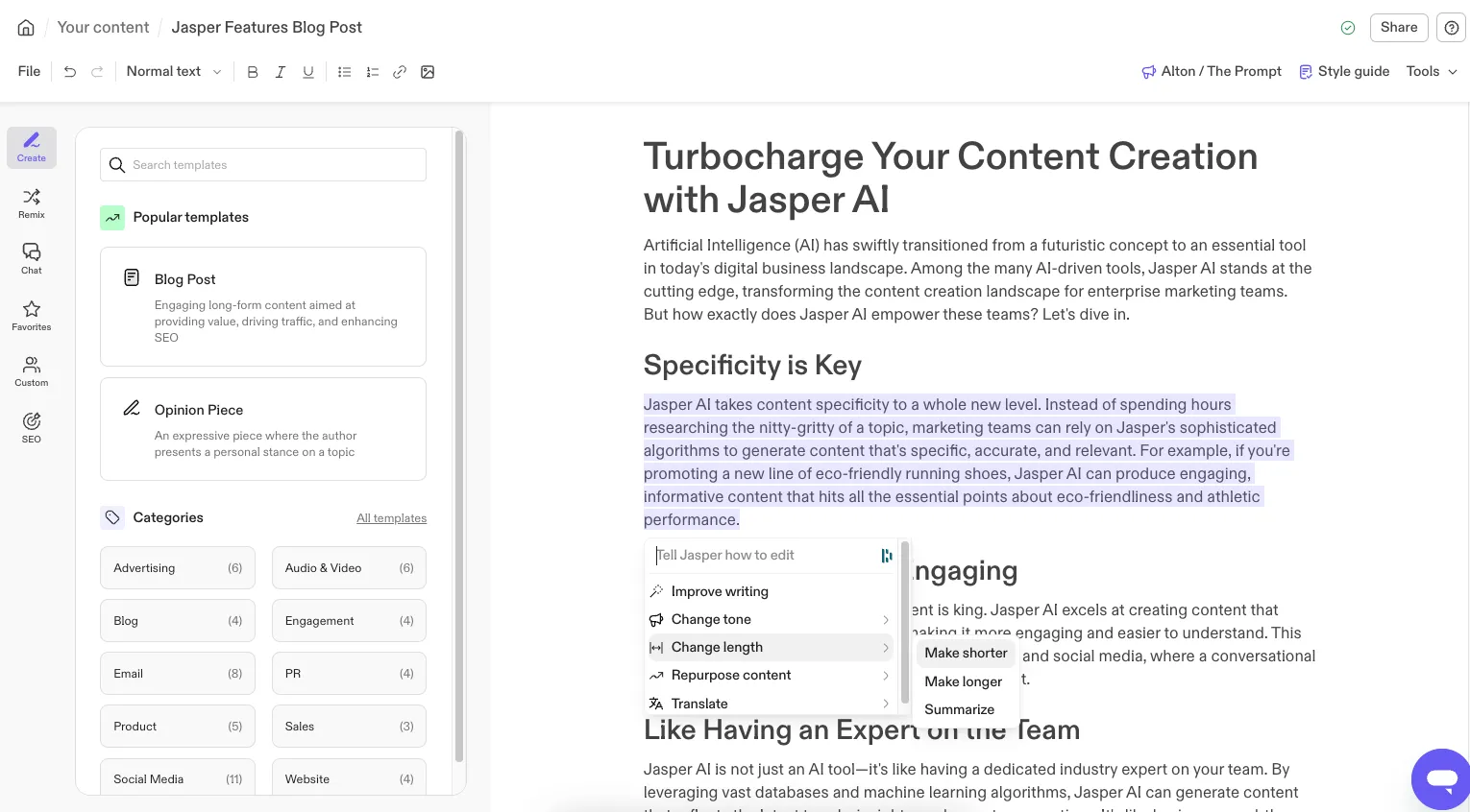 Điểm mạnh của Jasper AI là khả năng biến ý tưởng đơn giản thành đoạn văn hoàn chỉnh