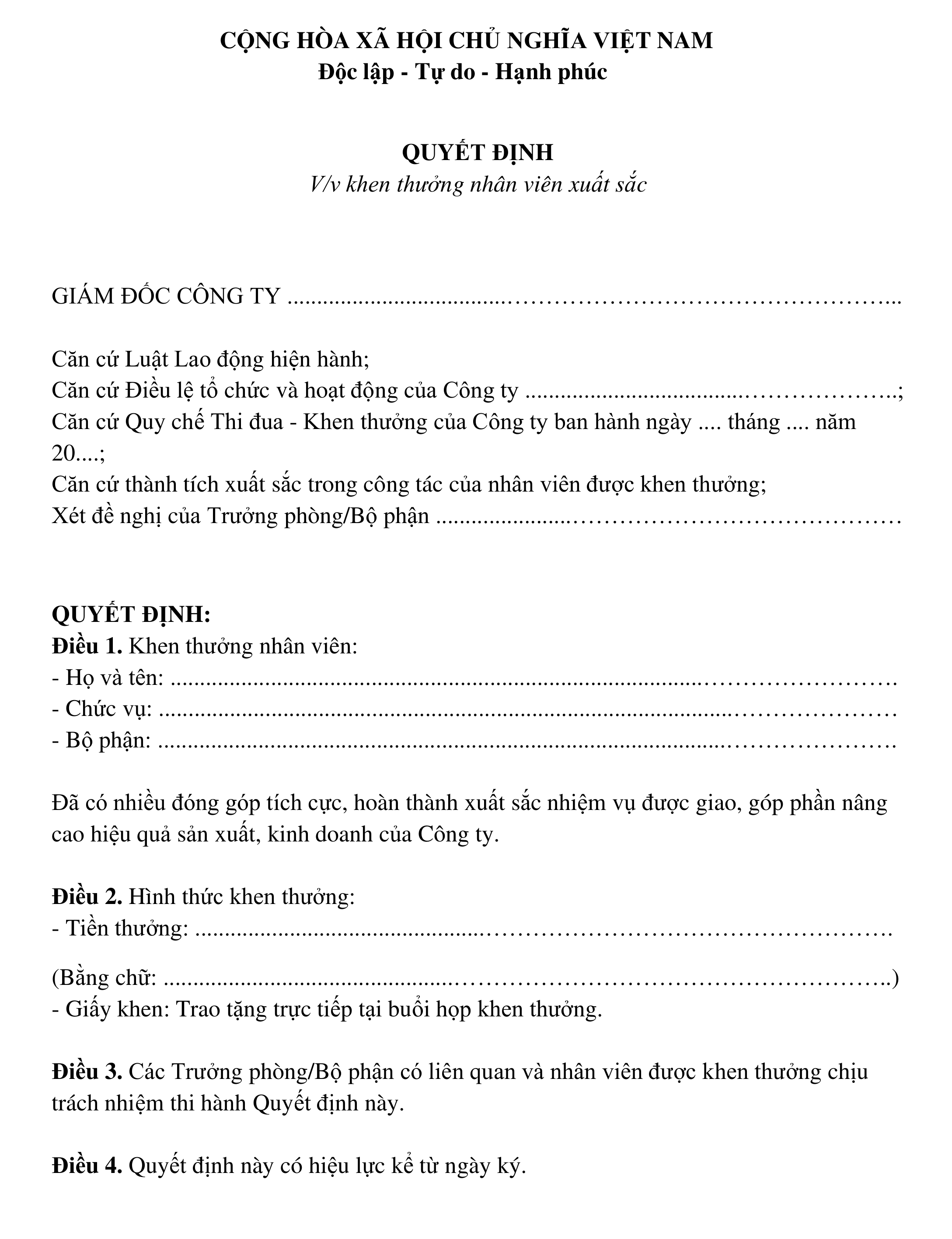 thông báo khen thưởng nhân viên xuất sắc