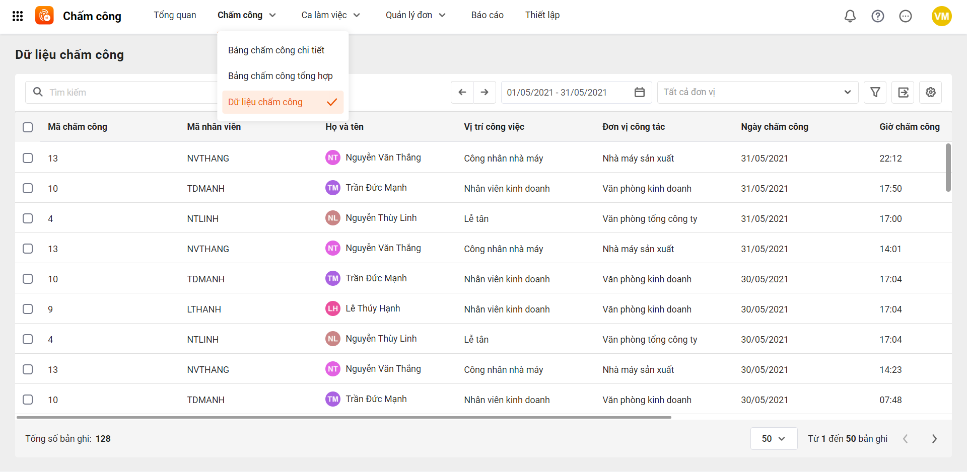 bảng chấm công cá nhân