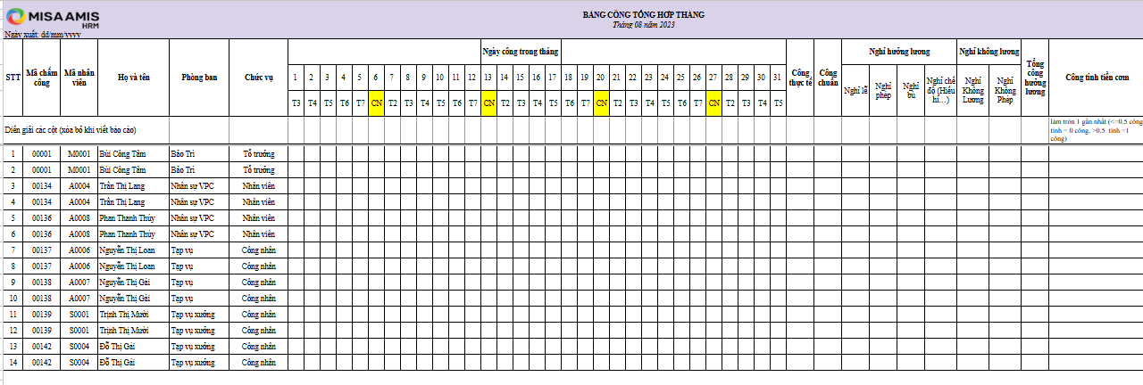 bảng chấm công cá nhân