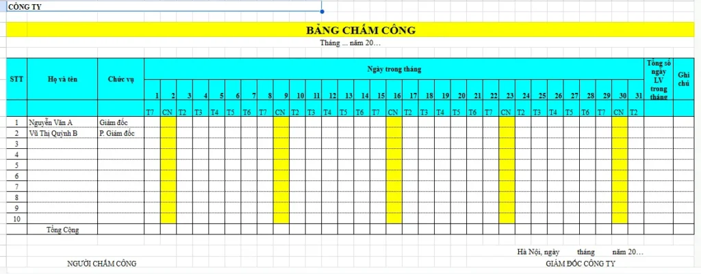 bảng chấm công hàng ngày