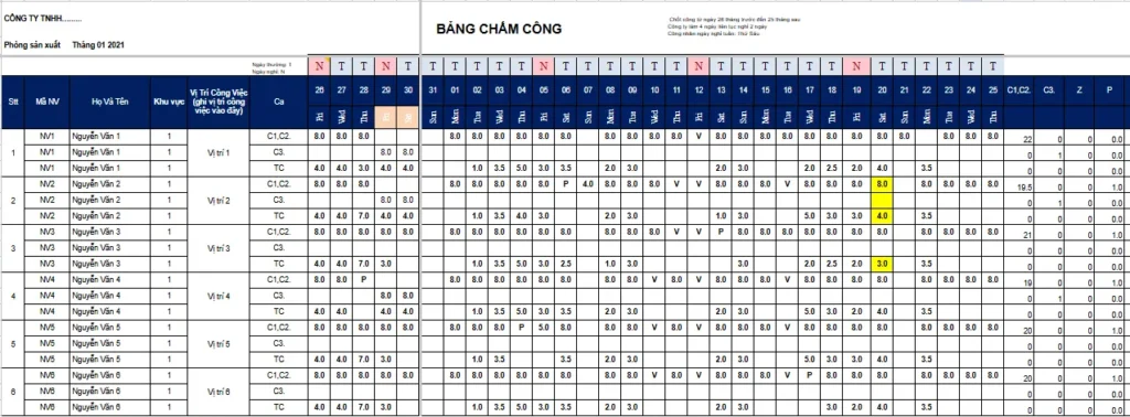 bảng chấm công hàng ngày