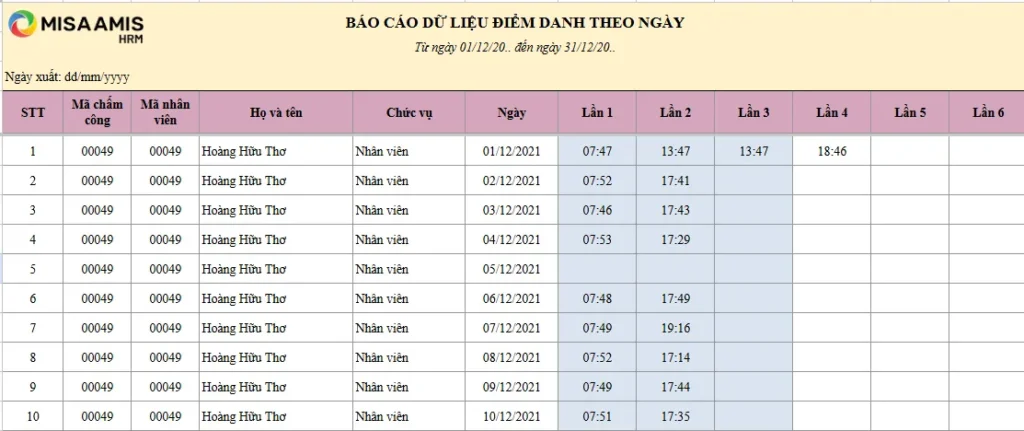bảng chấm công hàng ngày