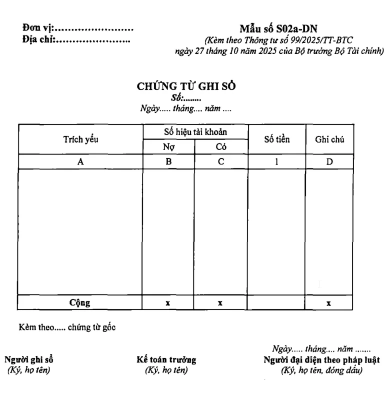 Mẫu chứng từ ghi sổ số S02a-DN theo thông tư 99