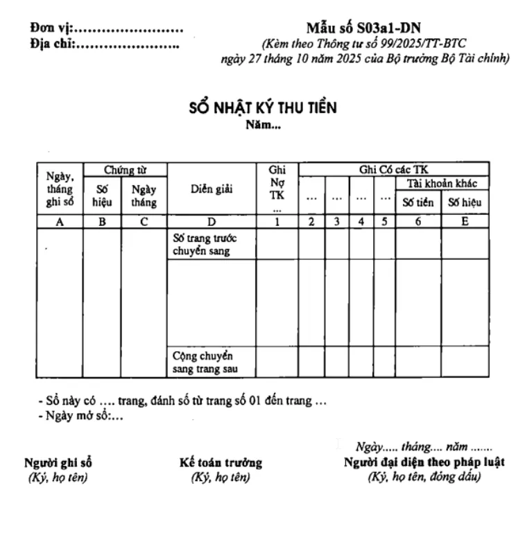 Mẫu sổ nhật ký thu tiền S03a1-DN theo thông tư 99
