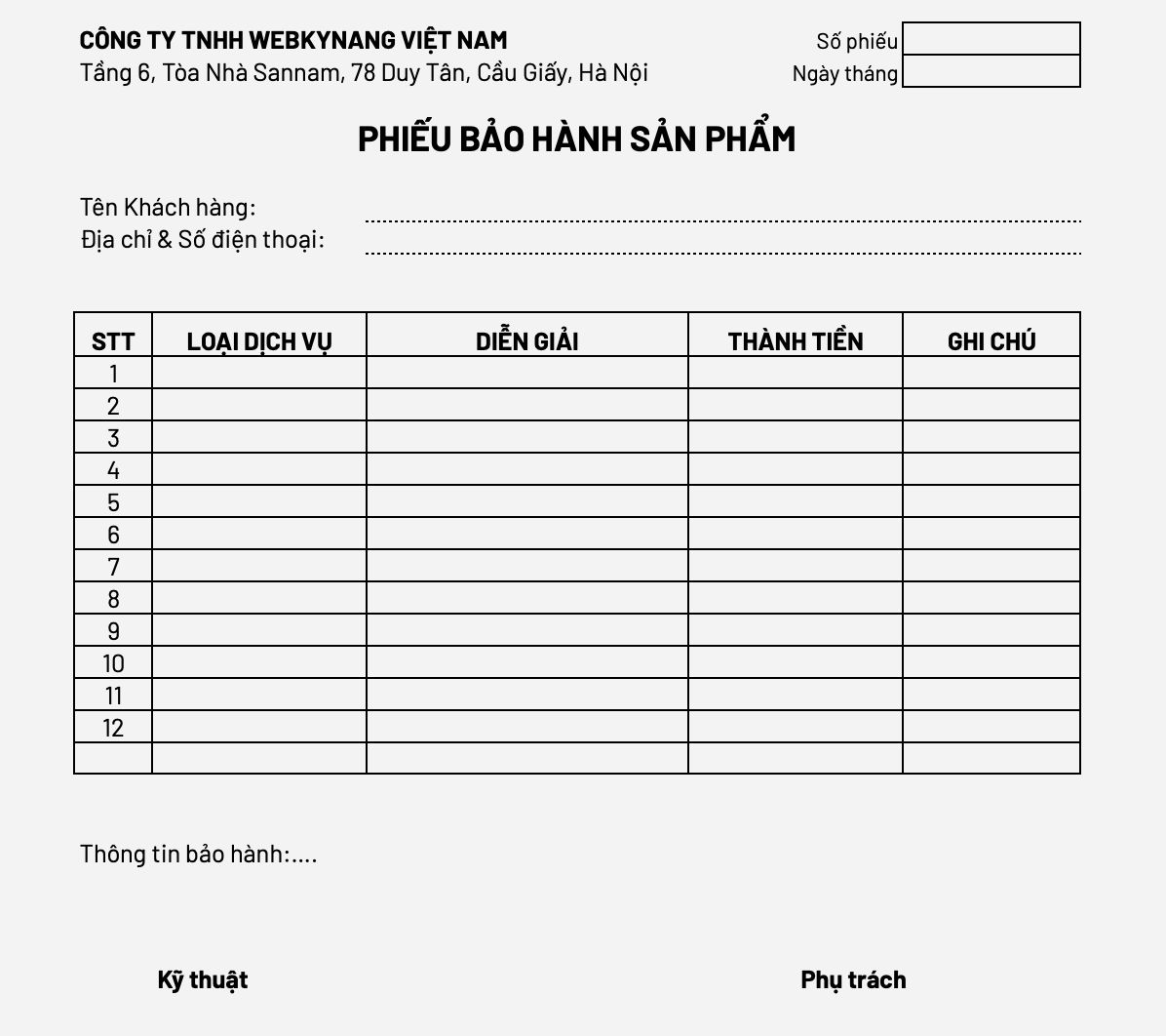 Phiếu bảo hành sản phẩm