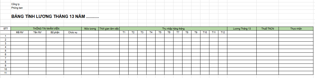 mẫu bảng tính lương tháng 13