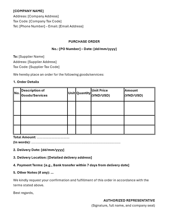 Mẫu PO bằng tiếng Anh