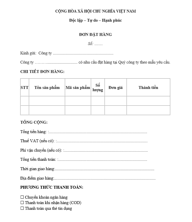 Mẫu đơn đặt hàng số 1