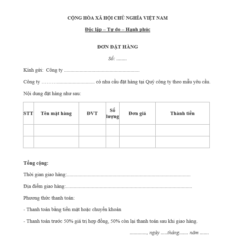 Mẫu đơn đặt hàng công ty số 2