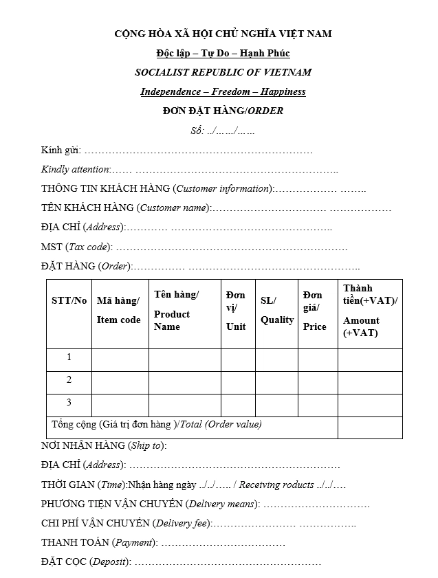 Mẫu đơn đặt hàng mới nhất song ngữ số 3