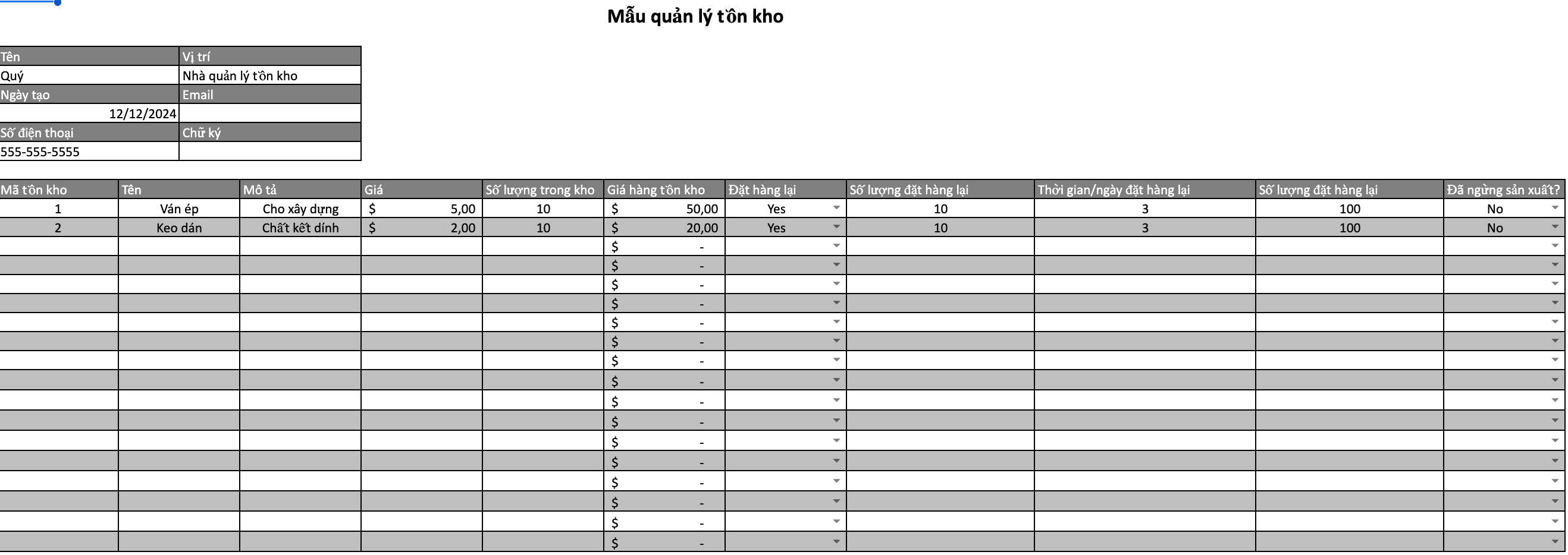 mẫu quản lý tồn kho