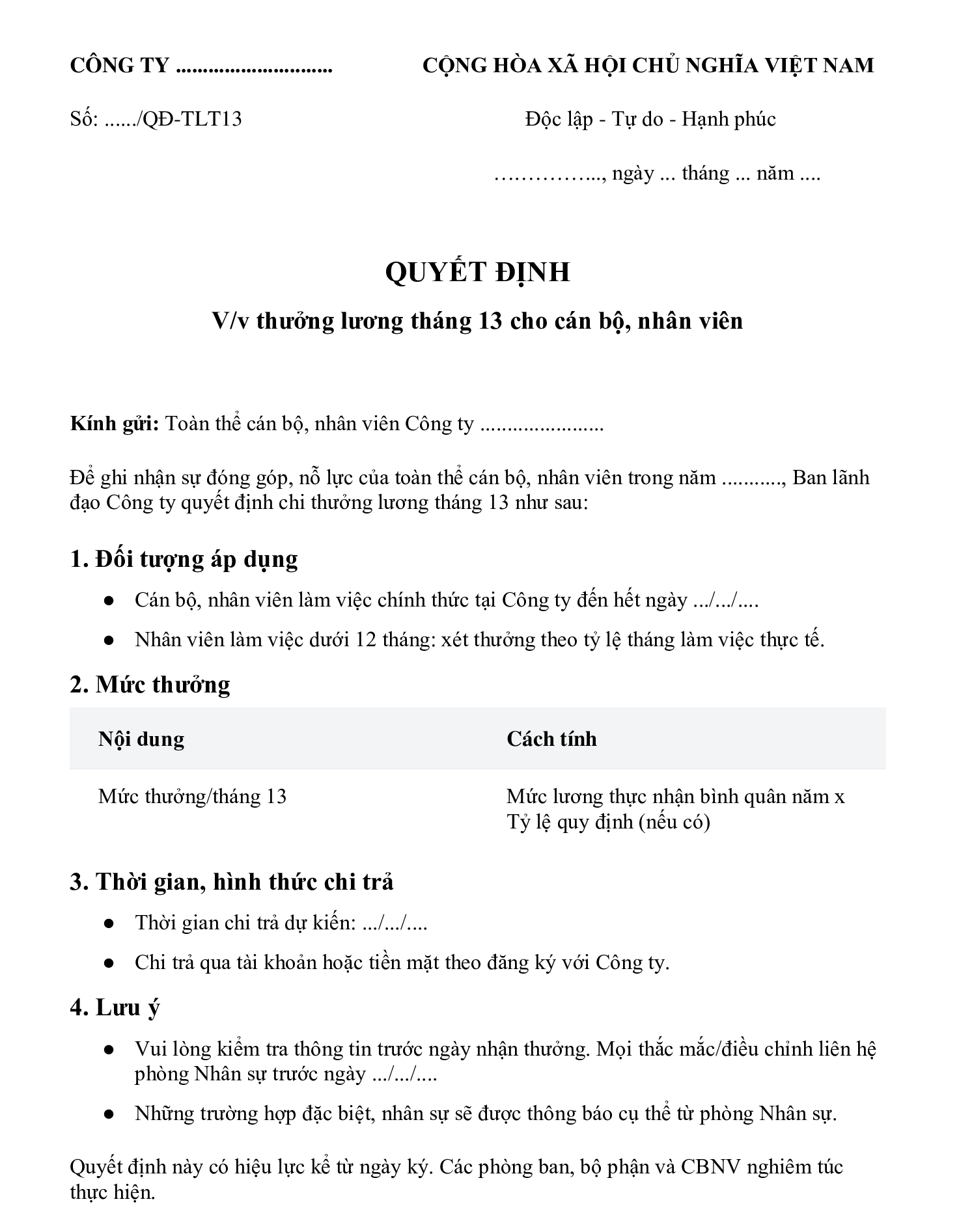 mẫu thông báo thưởng lương tháng 13