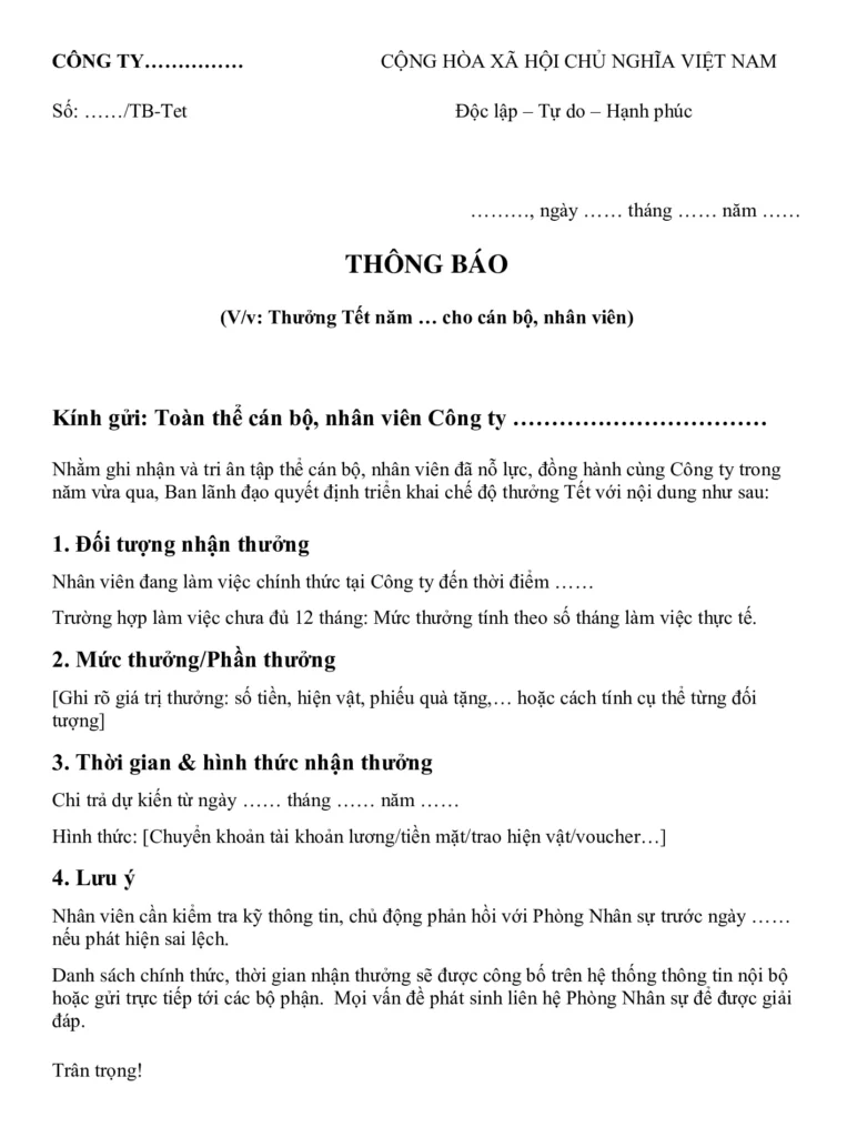 thông báo thưởng tết cho nhân viên
