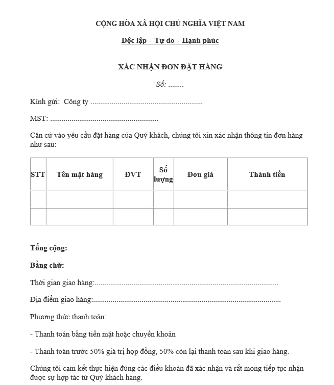 Mẫu xác nhận đơn đặt hàng