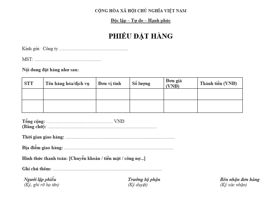 Mẫu phiếu đặt hàng