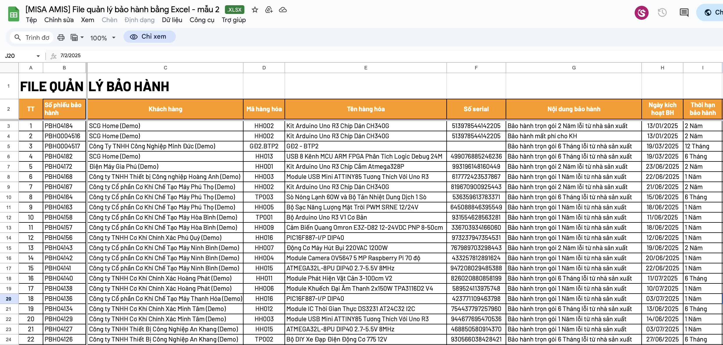 File quản lý bảo hành bằng excel