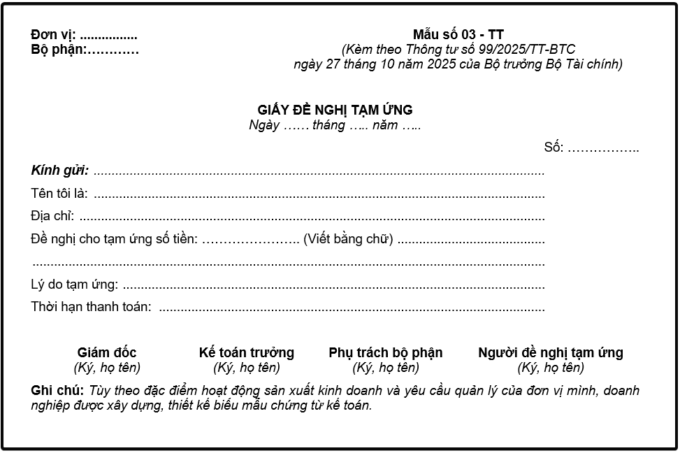 Mẫu giấy đề nghị tạm ứng theo Thông tư 99