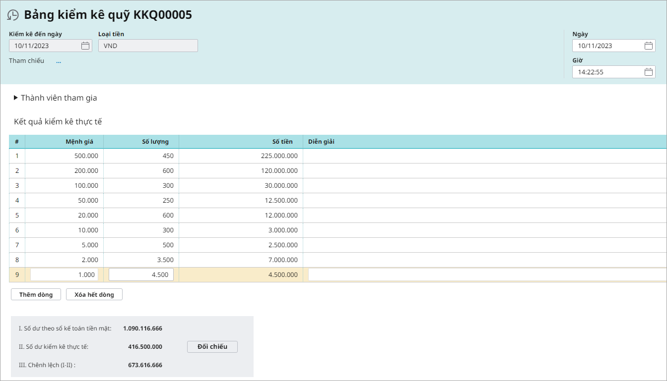 Demo bảng kiểm kê quỹ tiền mặt trên phần mềm