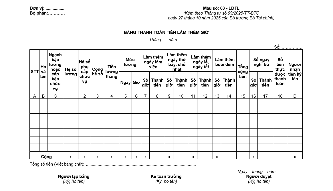 Bảng thanh toán tiền làm thêm giờ theo thông tư 99