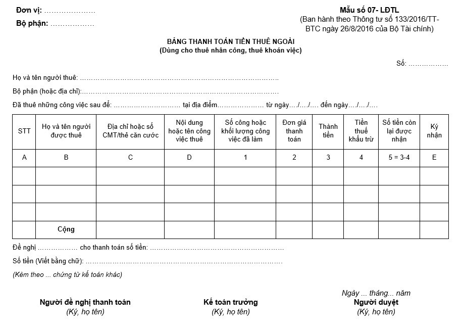 Mẫu bảng thanh toán tiền thuê ngoài theo thông tư 133/2016/TT-BTC