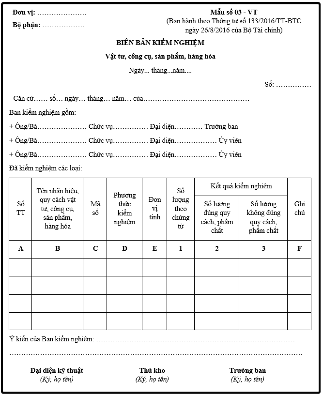 Mẫu biên bản kiểm nghiệm vật tư theo thông tư 133