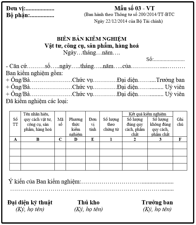 Biên bản kiểm nghiệm công cụ, vật tư, sản phẩm, hàng hóa theo thông tư 200