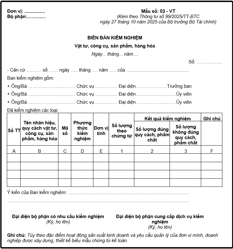 Mẫu biên bản kiểm nghiệm vật tư, công cụ, sản phẩm, hàng hóa theo Thông tư 99