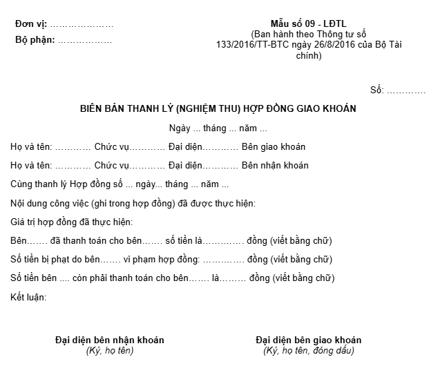 Biên bản thanh lý (nghiệm thu) hợp đồng giao khoán theo thông tư 133