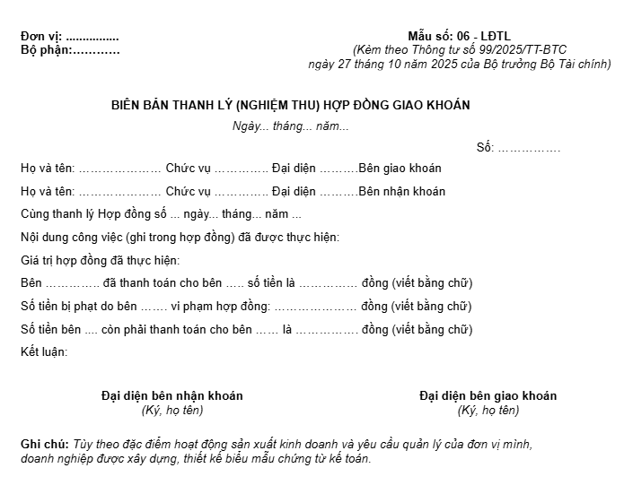 Biên bản thanh lý nghiệm thu hợp đồng giao khoán theo Thông tư 99