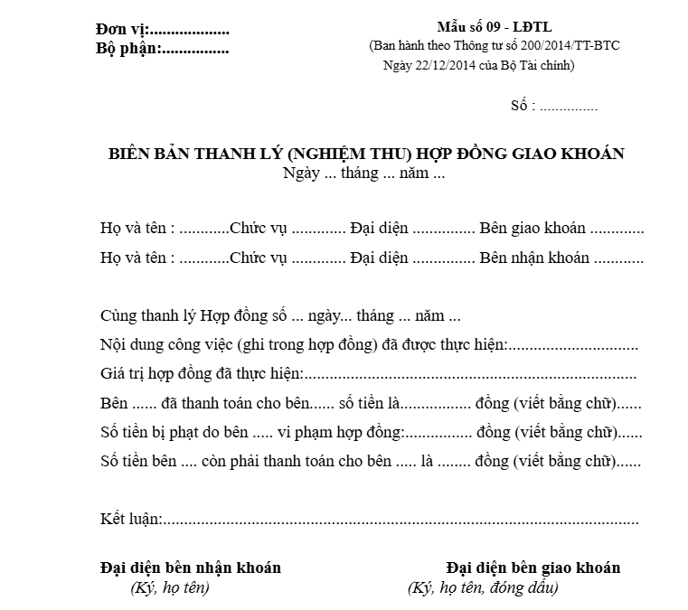 Biên bản thanh lý (nghiệm thu) hợp đồng giao khoán theo thông tư 200
