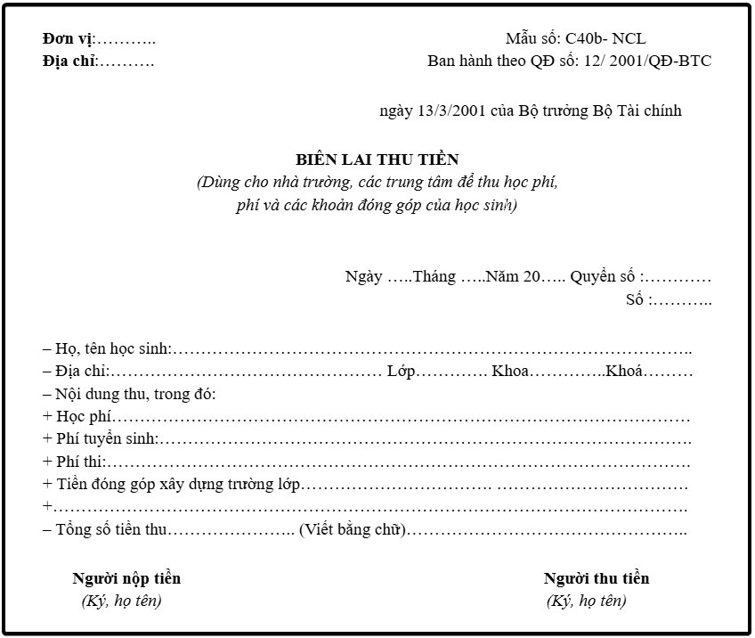 Mẫu biên lai thu tiền học phí 