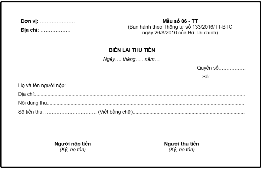 Mẫu 06-TT Biên lai thu tiền theo Thông tư 133