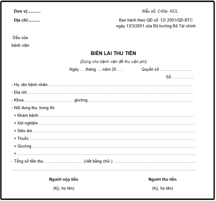 Biên lai thu tiền viện phí