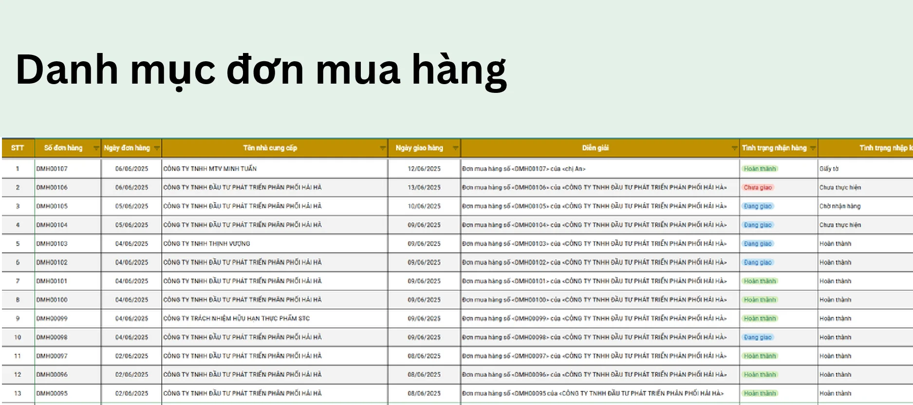 Sheet “Phiếu nhập hàng”