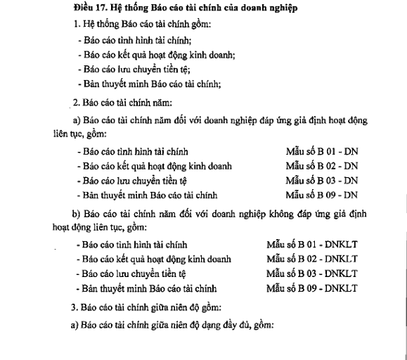 Điều 17 Hệ thống báo cáo tài chính của doanh nghiệp theo thông tư 99/2025/TT-BTC