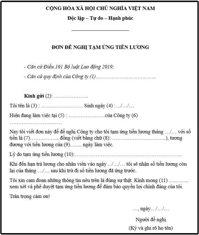Mẫu giấy đề nghị tạm ứng lương
