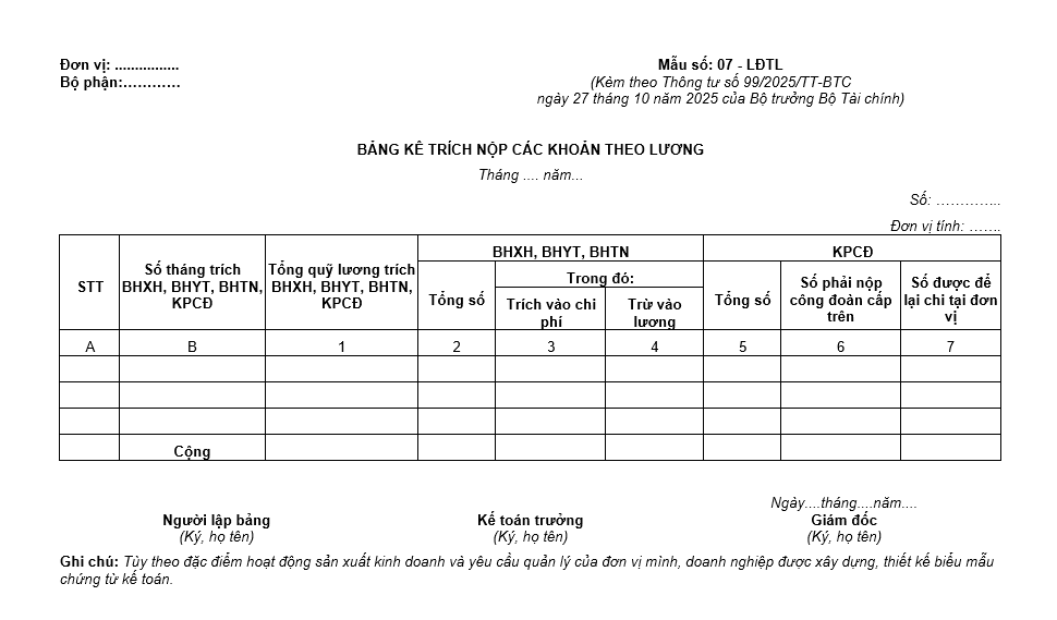 Bảng kê trích nộp các khoản theo lương theo thông tư 99