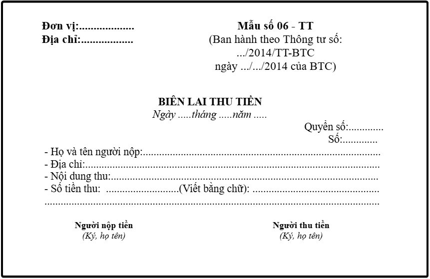 Mẫu biên lai thu tiền theo Thông tư 200