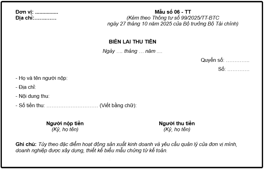 Mẫu biên lai thu tiền theo Thông tư 99 mới nhất