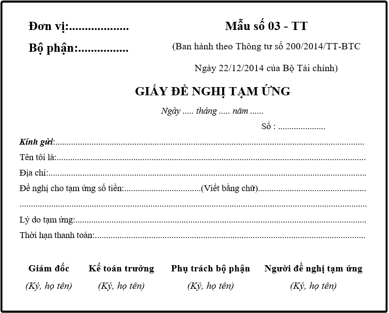Mẫu giấy đề nghị tạm ứng theo thông tư 133