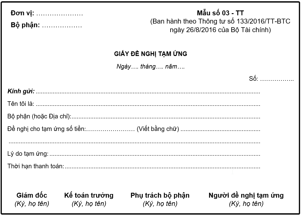Mẫu giấy đề nghị tạm ứng theo Thông tư 200/2014/TT-BTC