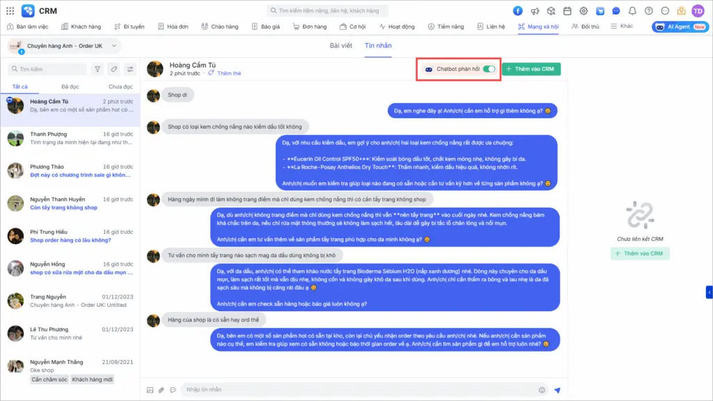 Chatbot AI 24/7 trên AMIS CRM