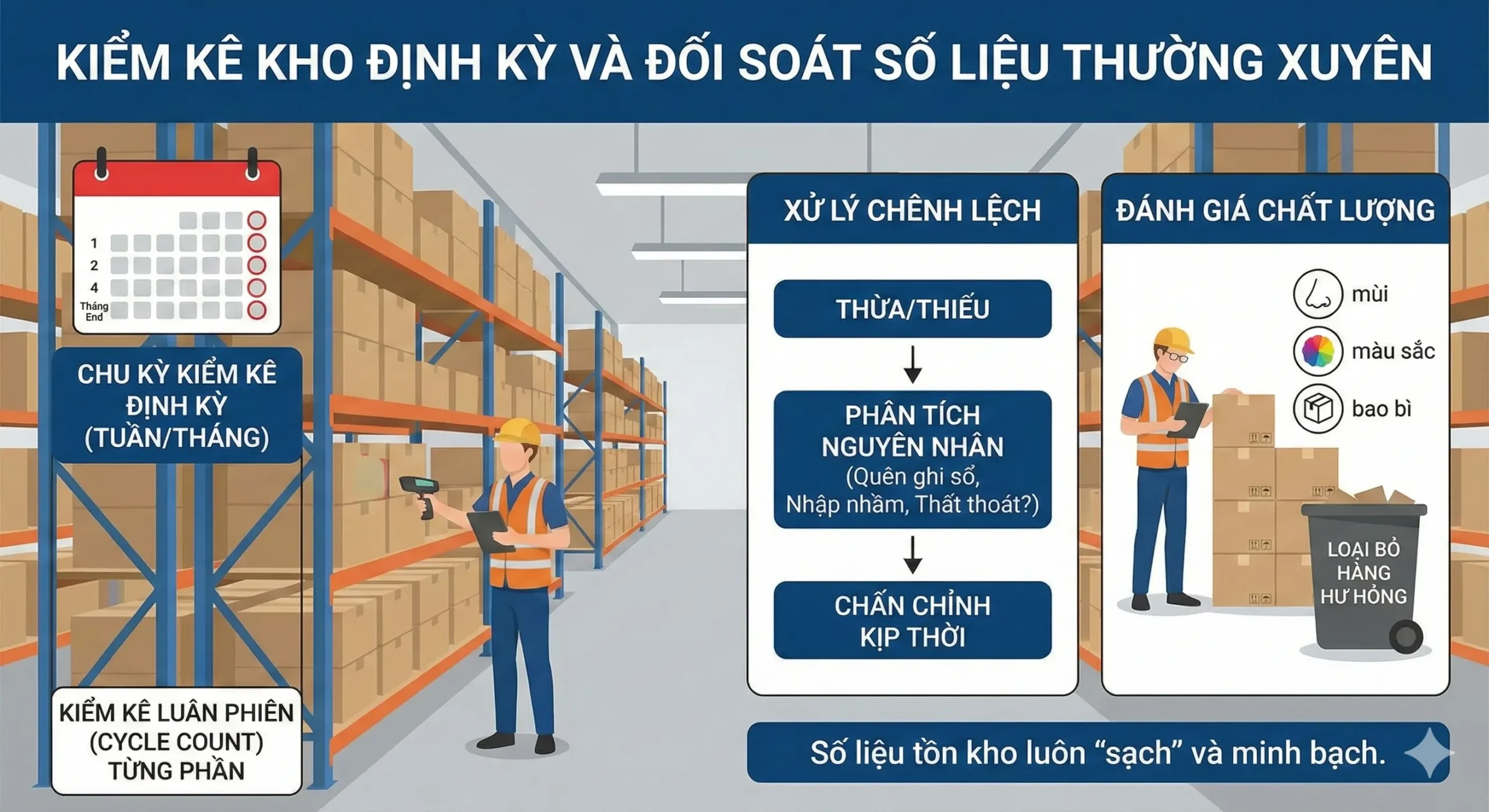 Kiểm kê kho định kỳ và đối soát số liệu thường xuyên