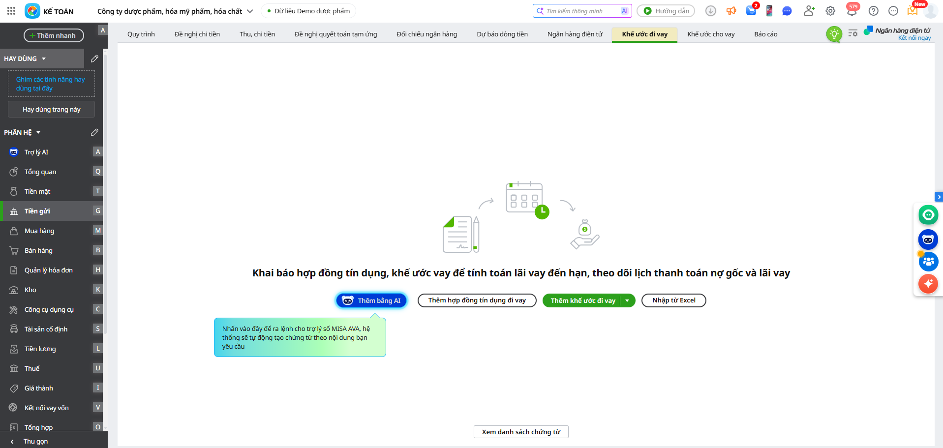 bảng kê chứng từ khế ước vay trên MISA AMIS kế toán